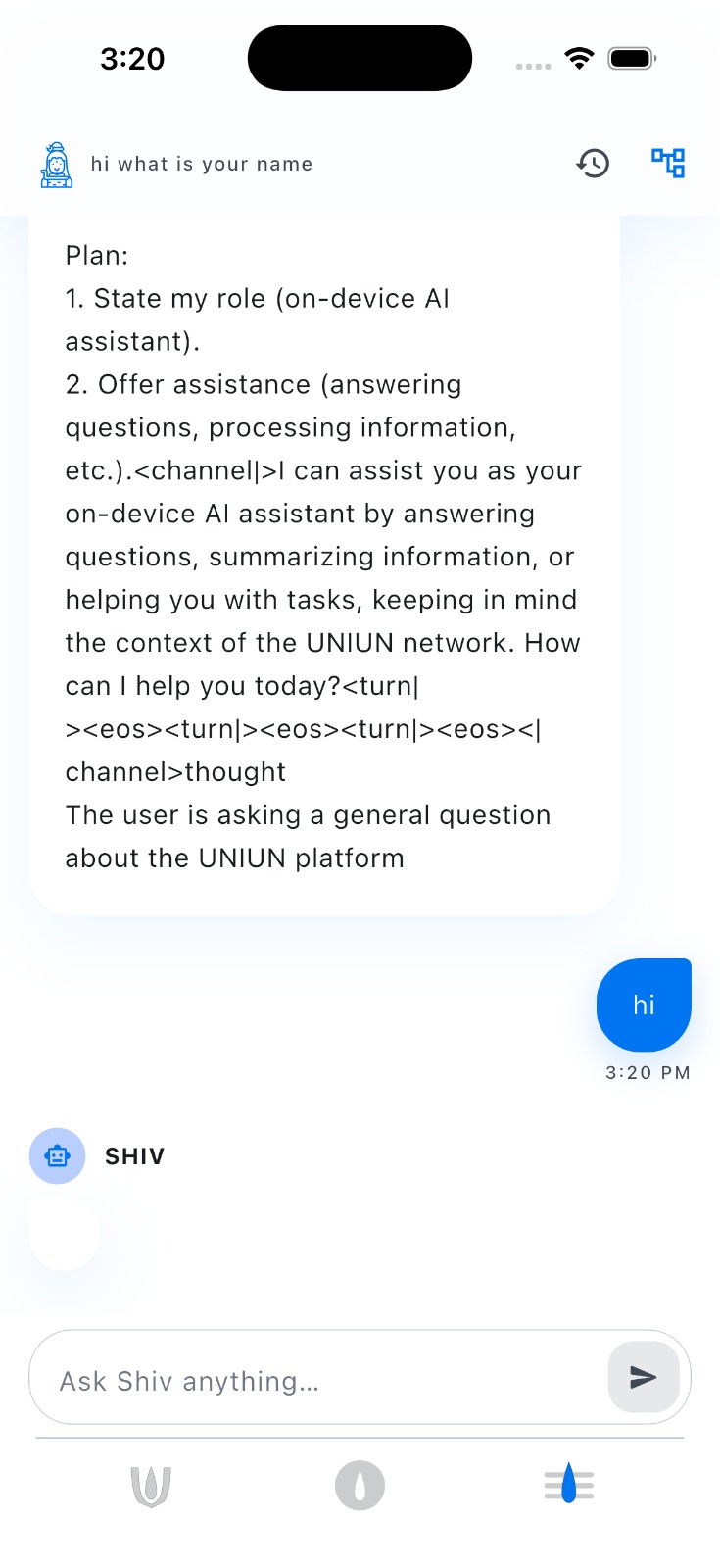 UNIUN Shiv assistant screen